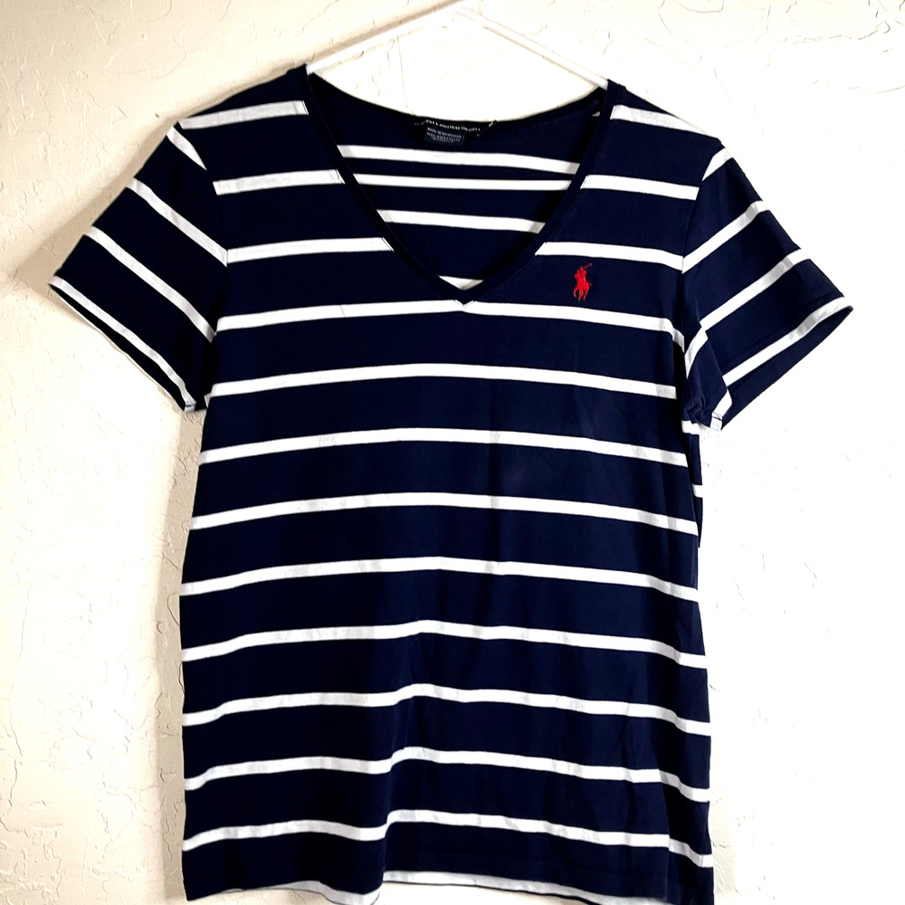 Ralph Lauren Sport Pima Cotton Striped V-Neck Tee Blue White Pony Logo Preppy M